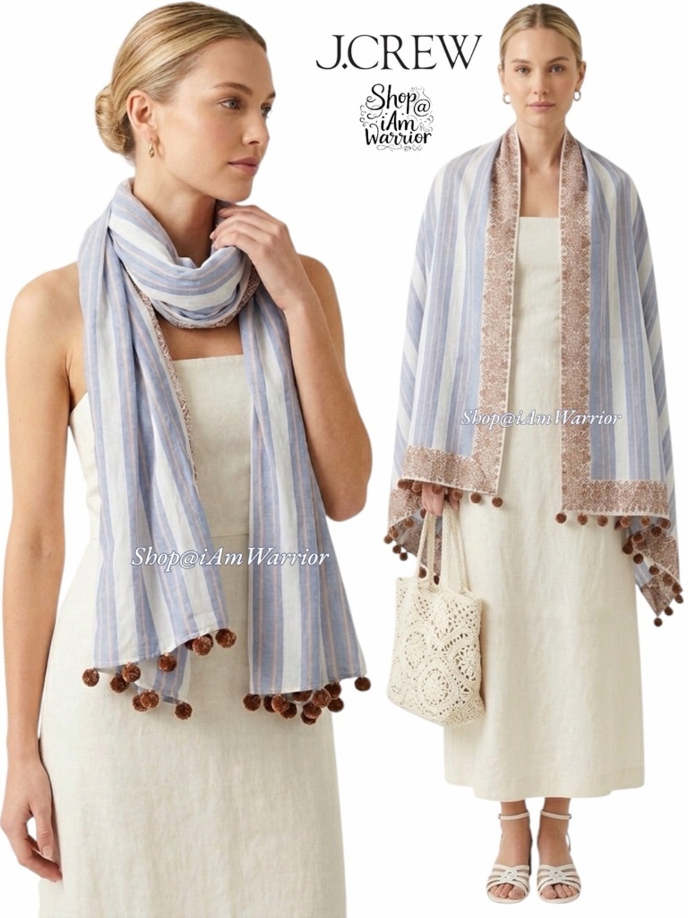 J.Crew striped patterned cotton pom pom long oversized scarf *shop@iamwarrior